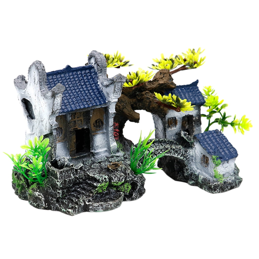 Aquarium Resin House Decor Artificial Stone Cave Stairs Bridge Betta ...