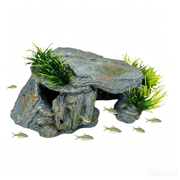 Aquarium Rock Cave Hideout with Artificial Plants, Resin Fish Tank Decor Shelter, Reptile Hide Cave for Fish, Shrimp, Gecko, Lizard, Turtle Habitat Ornament