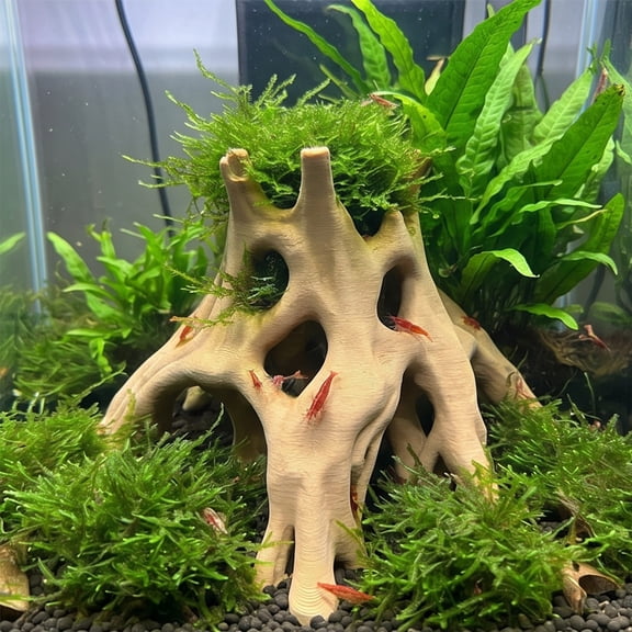 Aquarium Root Cave Resin Tree Stump Ornament for Fish Decor, Hollow Shelter for and Shrimp