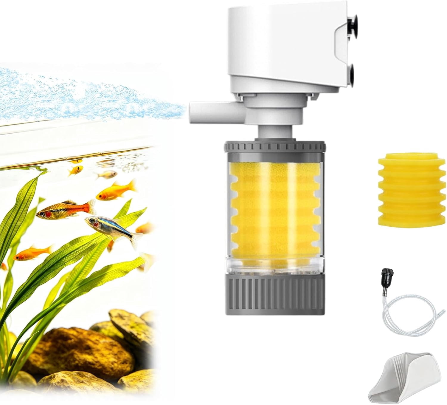 Aquarium Silent Motorized Filter, Lightweight Quiet Fish Tank Filter with Rapid Purification Powerful Decontamination, 4 Stage Filtration System for Crystal-Clear Water & Healthy Fish (4W)