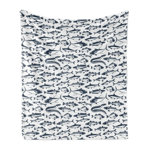 Aquarium Soft Flannel Fleece Throw Blanket, Monochrome Design of Different Fish Species Suitable for Fishing, Cozy Plush for Indoor and Outdoor Use, 50" x 70", White and Dark Slate Blue, by Ambesonne