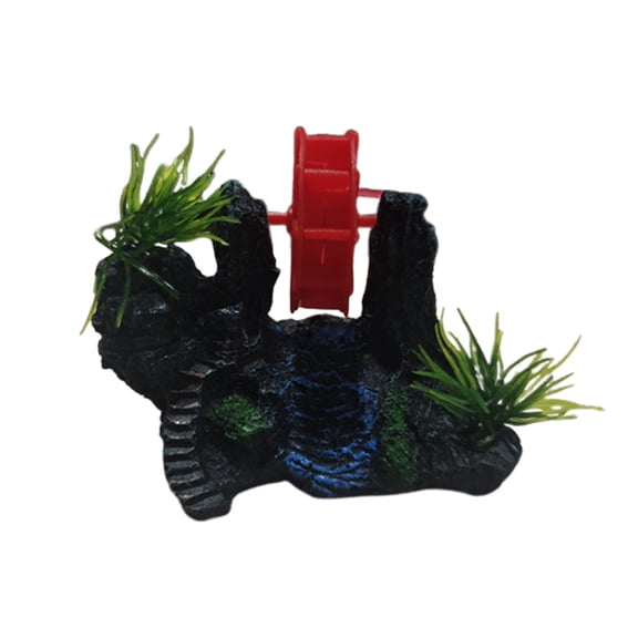 Aquarium Spinning Waterwheel, Fish Tank Ornament, Mini Rockery Mountain Waterwheel Air Bubbler, Aerating Action Ornament, Fish Hideout Cave for Betta Shrimp Tank Decor