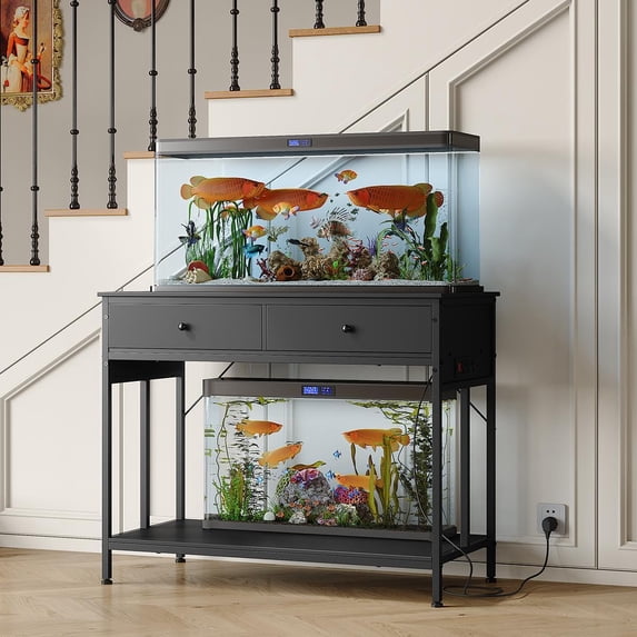 Aquarium Stand Table with Power Outlet, Metal Frame Fish Tank Stand with Storage Drawers, Double Turtle Reptile Terrariums Tank Stand, Black