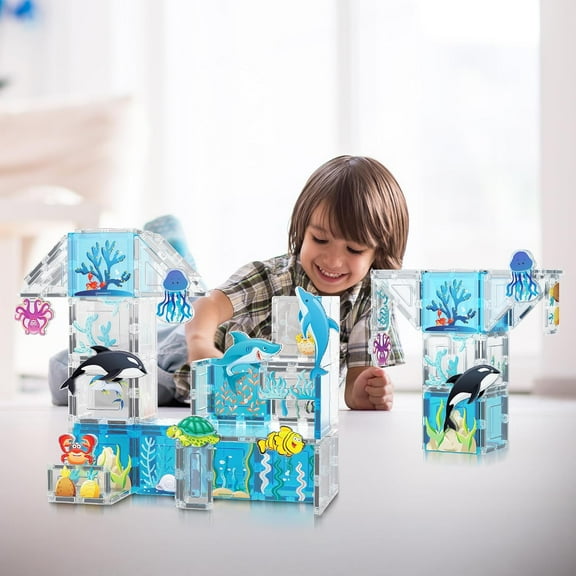 Aquarium Themed Magnetic Building Blocks with 8 Ocean Animal Figures for Kids 3+ STEM Learning Toy
