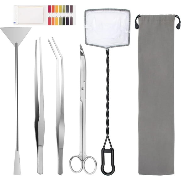 Aquarium Tools Kit, 6 in 1 A Aquatic Plant Aquascaping Tool Stainless Steel Tweezers Scissors Spatula for Aquarium Tank Clean Tools with Fishing Net, 80P PH Paper