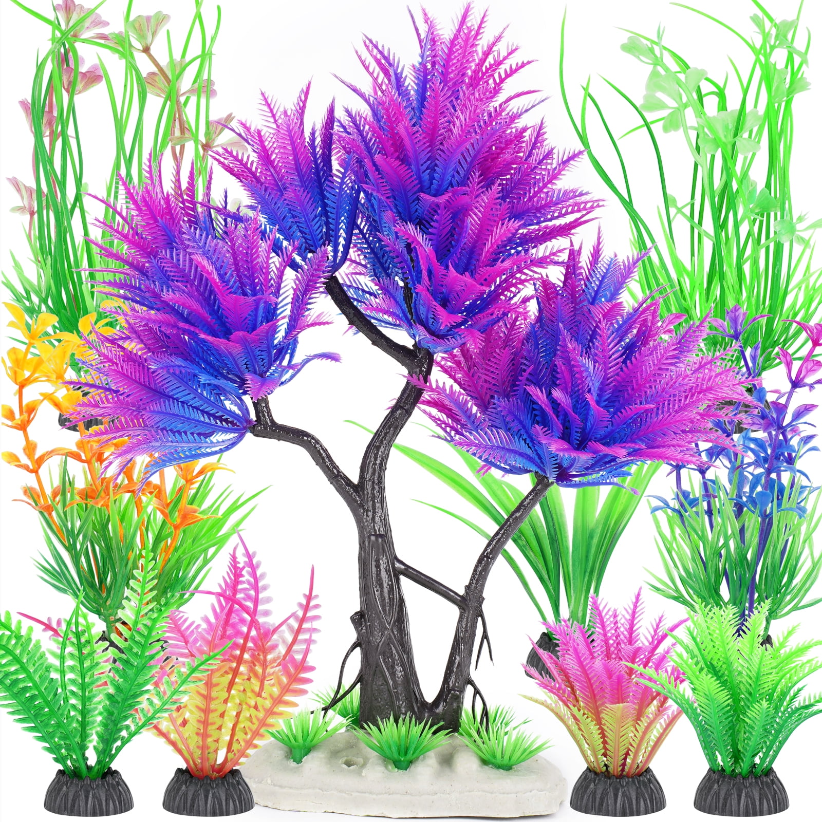 Aquarium Tree Plant Decorations, Fish Tank Plastic Plants Decor Set