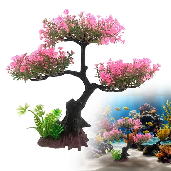 Aquarium Tree Trunk Large Plants Decorations, Simulation Resin Cherry Blossom Tree & Aquatic Plants Aquarium Decor, Goldfish Tank Decorations Set, Fish Tank Hides Tree Decoration Kit