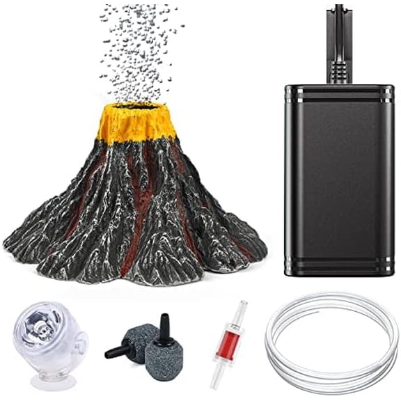 Aquarium Volcano Ornament Kit Volcanic Eruption Decoration with Mini Air Pump Red LED Spotlight Air Stone Bubbler Airline Tubing Check Valve Fish Tank Resin Decor for Landscape and Aeration