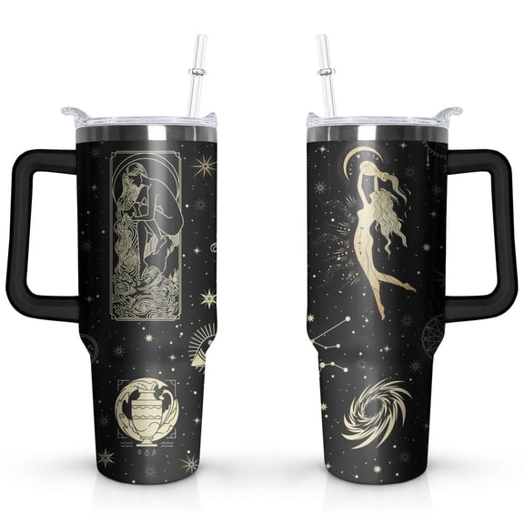 Aquarius 40oz Handle Cup with Lid and Straw, Astrology Cup, Gothic Cup, Constellation Mug, Zodiac Gifts for Men Women, Constellation Gifts, 40oz Large Capacity Cups with Handles, Lids, and Straws