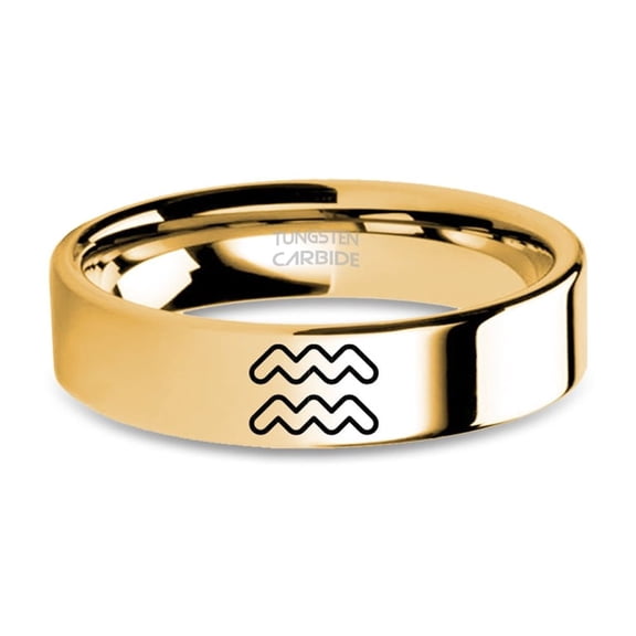 Aquarius Astrological Sign Engraved Yellow Gold Tungsten Ring, 6mm, Size 8