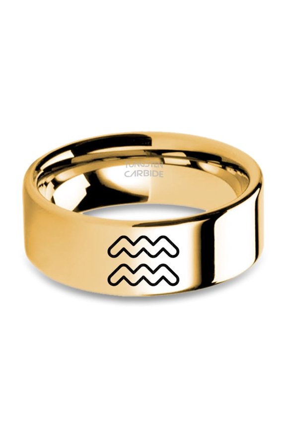 Aquarius Astrological Sign Engraved Yellow Gold Tungsten Ring, 8mm, Size 9