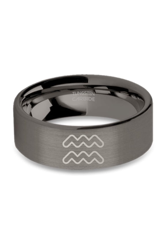 Aquarius Astrology Sign Engraved Gunmetal Tungsten Ring, Brushed, 8mm, Size 9