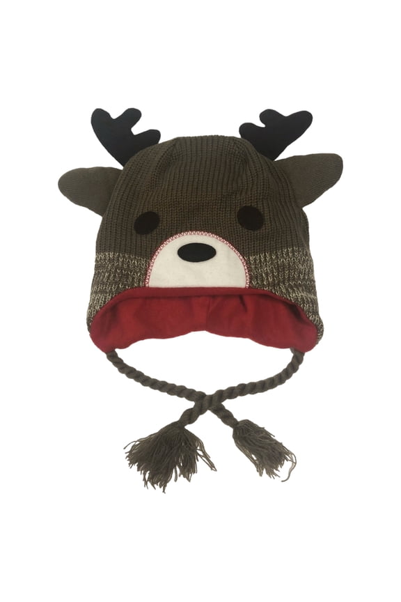 Boys Brown Reindeer Peruvian Style Critter Hat Fleece Lined Trapper