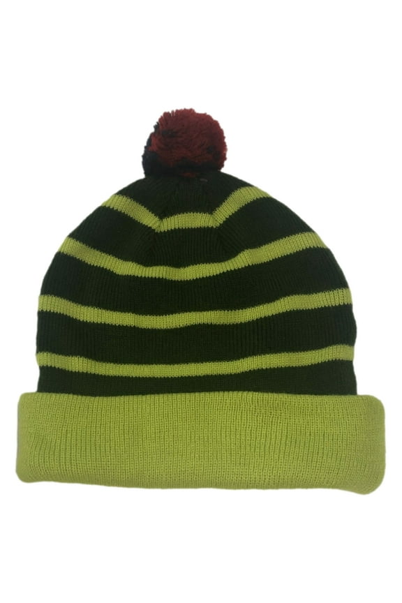 Boys Colorful Knit Striped Green Beanie Pom Pom Hat Stocking Cap