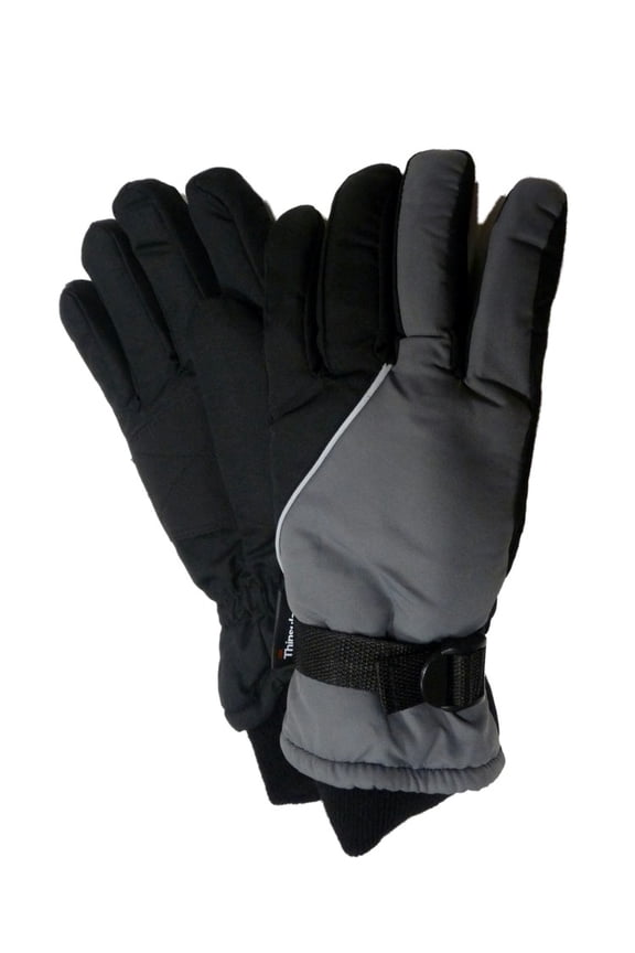 Boys Gray & Black Snow & Ski Gloves Thinsulate Insulated Wrist Strap L (13-18)