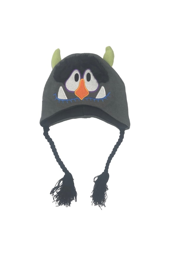 Boys Gray Monster Peruvian Style Critter Hat Trapper With Green Horns