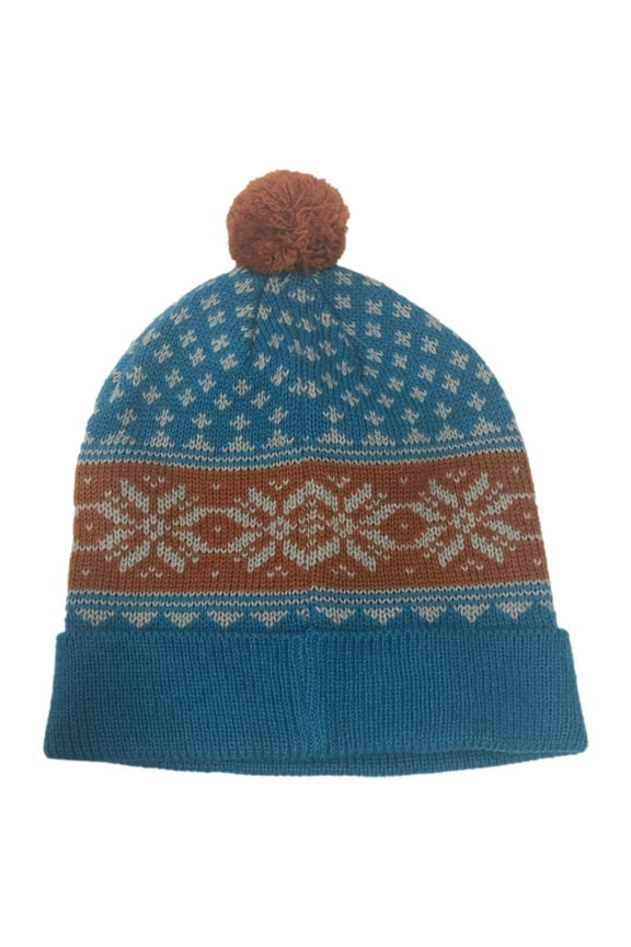 Boys Nordic Blue Snowflake Beanie Pom Pom Hat Stocking Cap