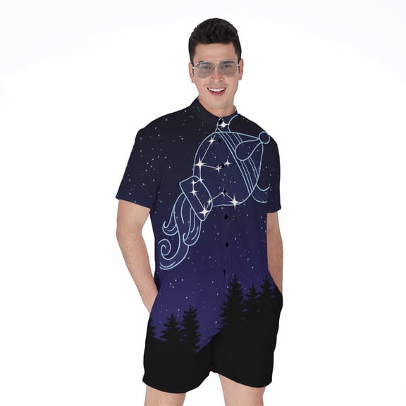 Aquarius Constellation Short Sleeve Men'S Rompers, Zodiac Horoscope Casual Summer Jumpsuits Outfit