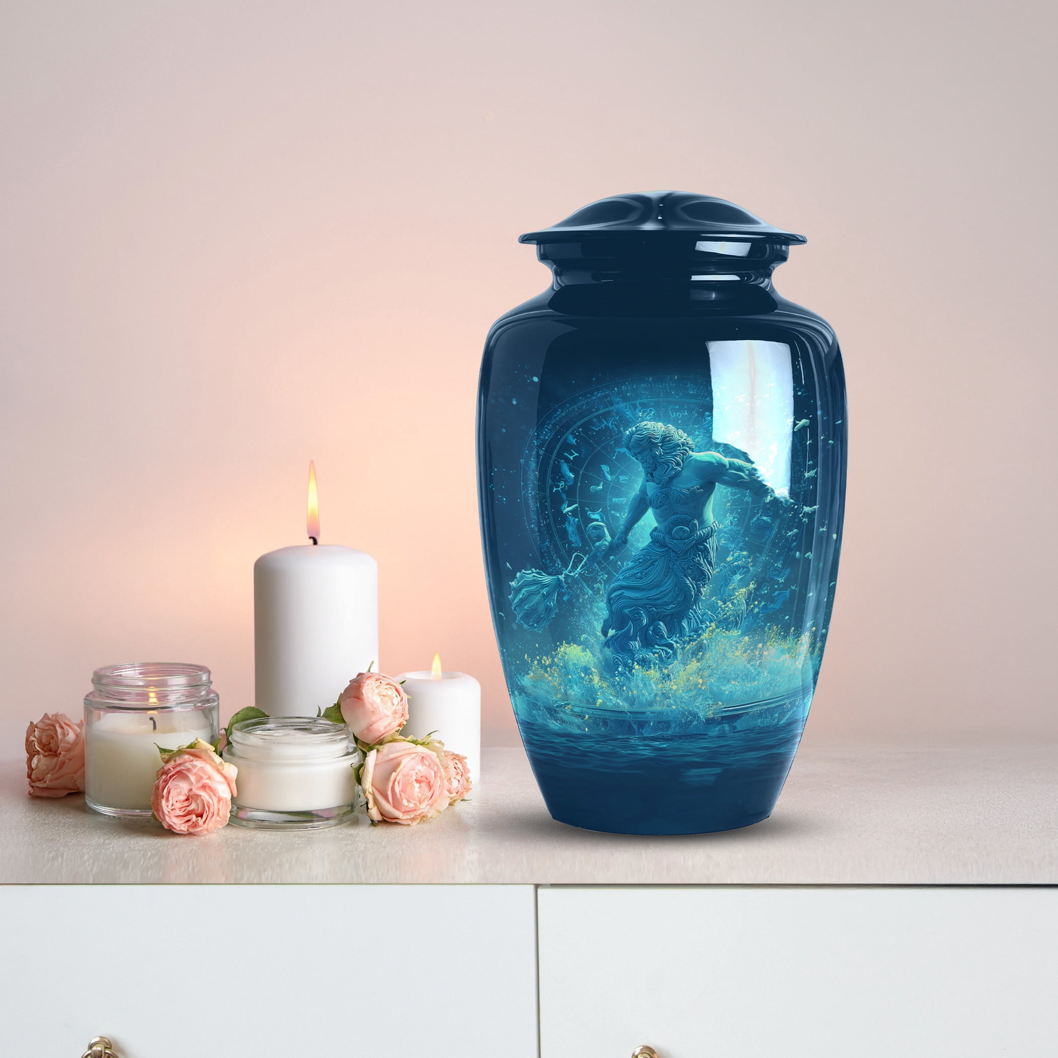Aquarius Funeral & Burial Cremation Urn For Adult Remains - Large Urns For Human Ashes - Blue Cremation Urns For Women Ashes - Funeral Urn Men & Women Size- 10inch 1pc, 3inch 1pc )