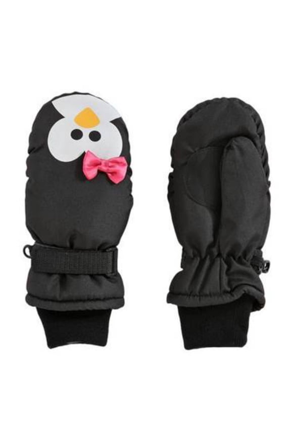 Girls Black Penguin Snow & Ski Mittens Fleece & Thinsulate Lining