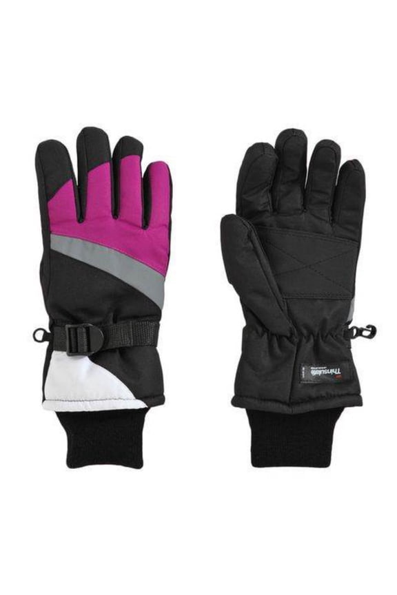 Girls Purple & Black Thinsulate Snow & Ski Gloves Wrist Strap L (11-16)
