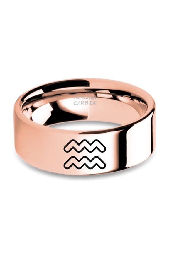 Aquarius Horoscope Sign Engraved Polished Rose Gold Tungsten Ring, 8mm, Size 11.5