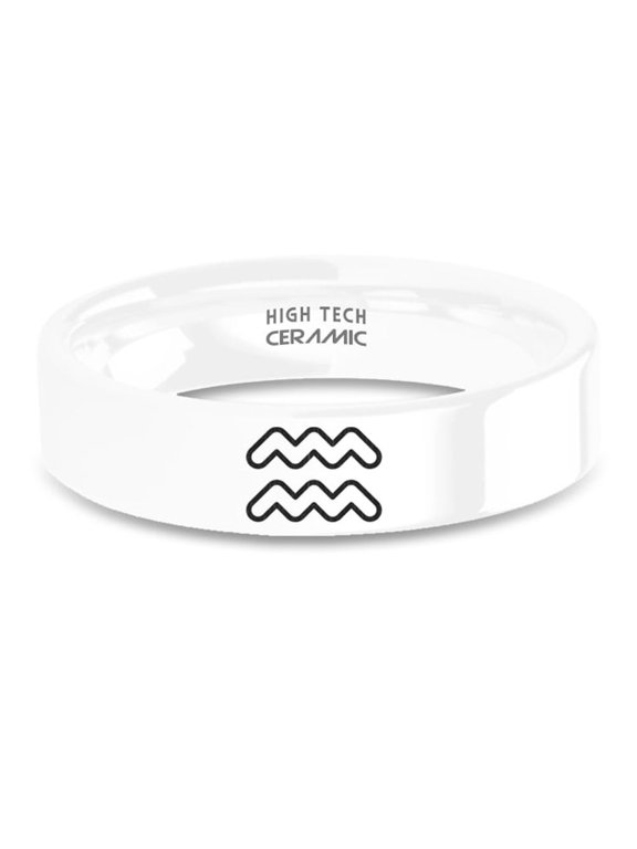 Aquarius Horoscope Symbol Laser Engraved White Ceramic Ring, 6mm, Size 14