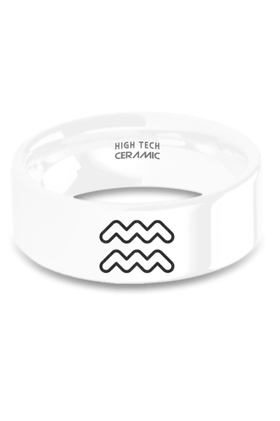 Aquarius Horoscope Symbol Laser Engraved White Ceramic Ring, 8mm, Size 10
