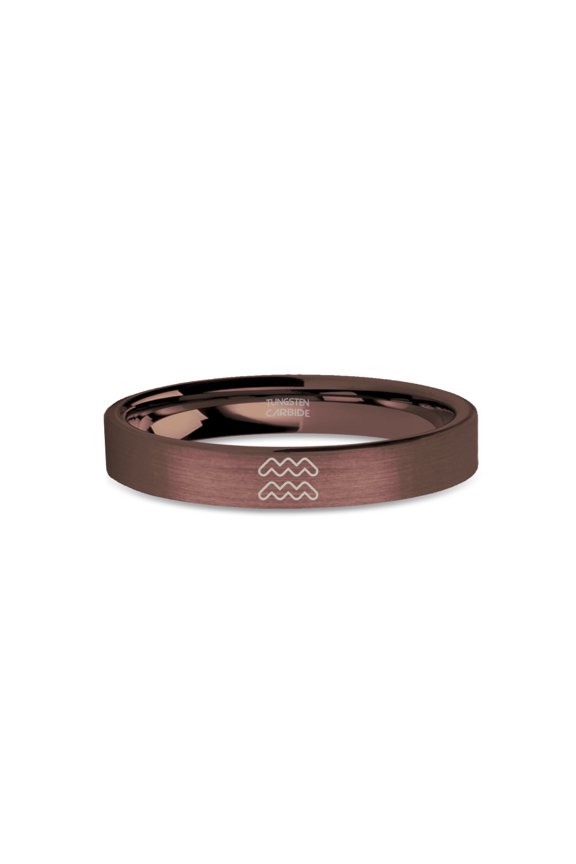 Aquarius Star Sign Engraved Rustic Brown Brushed Tungsten Ring, 4mm, Size 5