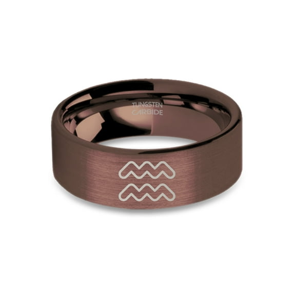 Aquarius Star Sign Engraved Rustic Brown Brushed Tungsten Ring, 8mm, Size 14.5