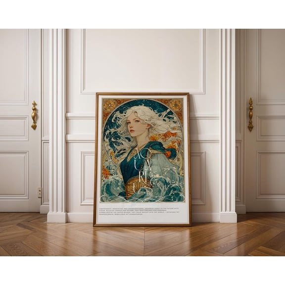 Aquarius Wall Art, Zodiac Astrology Poster, Alphonse Mucha Style Illustration, 16x24 UNFRAMED