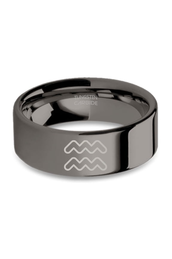 Aquarius Water Bearer Zodiac Sign Polished Gunmetal Tungsten Ring, 8mm, Size 9