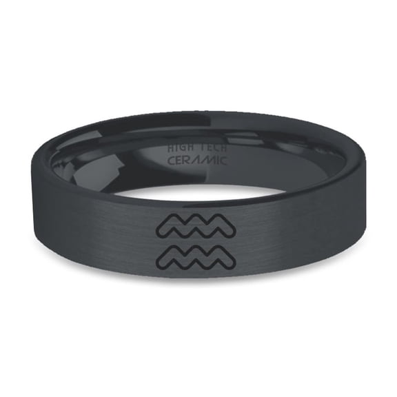 Aquarius Water Symbol Engraved Black on Black Brushed Ceramic Ring, 6mm, Size 10