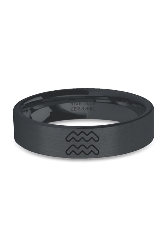 Aquarius Water Symbol Engraved Black on Black Brushed Ceramic Ring, 6mm, Size 4