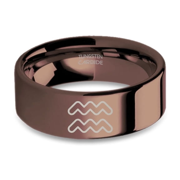 Aquarius Water Symbol Engraved Polished Brown Tungsten Ring, 8mm, Size 10