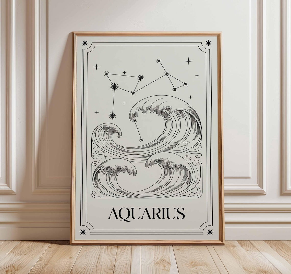 Aquarius Zodiac Line Drawing Celestial Astrology Water Bearer Decor ...