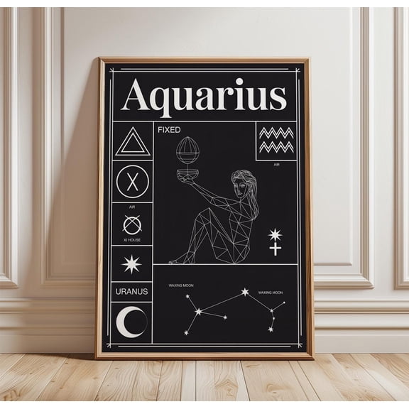Aquarius Zodiac Poster Black White Astrology Wall Art Water Bearer Horoscope Print