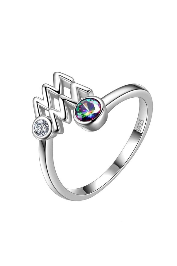 Zodiac Aquarius Ring 925 Sterling Silver Mystic Topaz CZ Adjustable Band Women January February Birthday Gift Celestial Horoscope Sign Jewelry Juwaliy