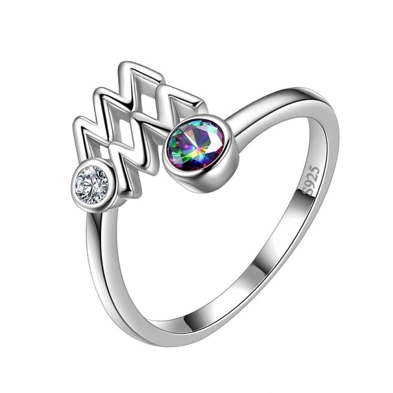 Zodiac Aquarius Ring 925 Sterling Silver Mystic Topaz CZ Adjustable Band Women January February Birthday Gift Celestial Horoscope Sign Jewelry Juwaliy