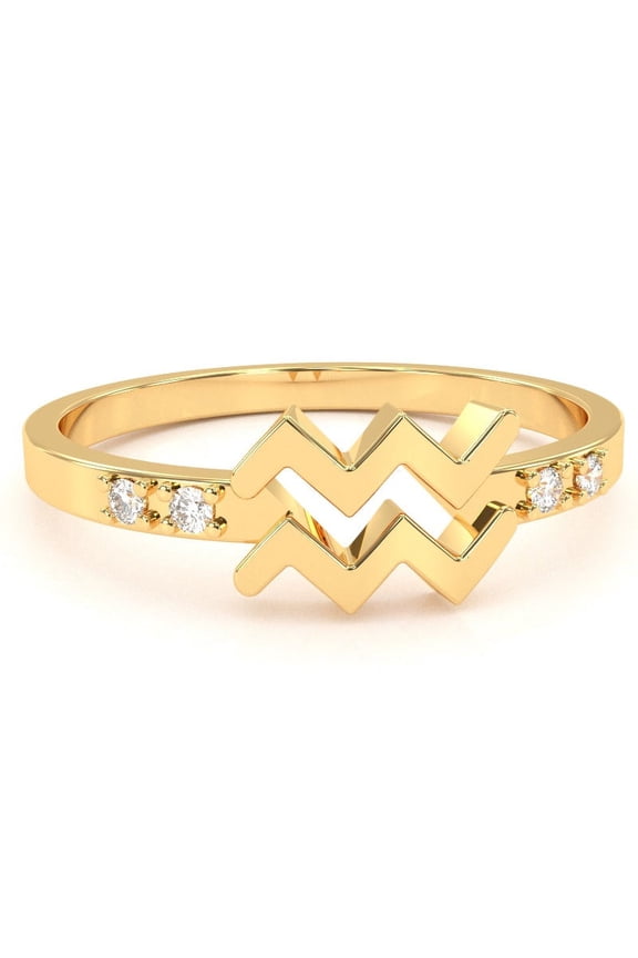Aquarius Zodiac Sign Diamond Ring In Solid 14k Yellow Gold