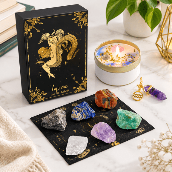 Aquarius Zodiac Soy Wax Scented Candle Gift Set with Crystals and Necklace