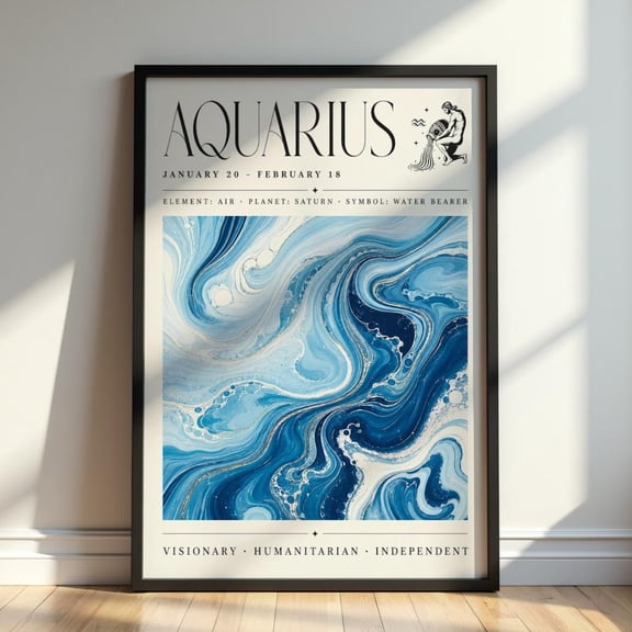 Aquarius Zodiac Wall Art Astrology Birth Sign Celestial Blue Marble Print, Unframed Paper Print