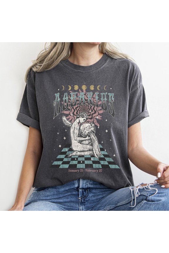 Aquarius Zodiac Water Bearer Astrology Vintage Celestial Horoscope Graphic Tee January February Star Sign Retro Cosmic Astrology Shirt Comfort Colors Unisex Cotton T-Shirt, Sizes S-3XL