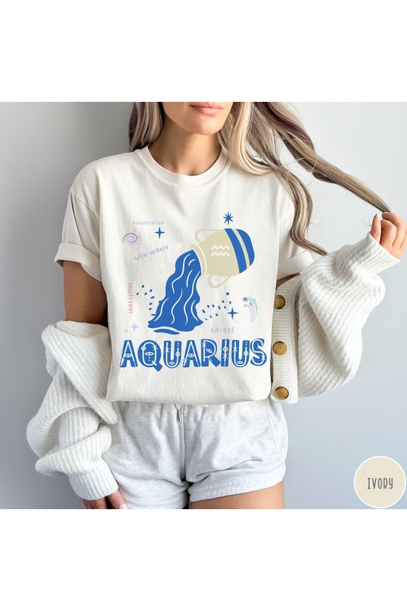 Aquarius Zodiac Water Bearer Graphic Tee Retro Minimal Line Art Astrology Design Star Moon Cosmic Elements Aesthetic Spiritual Style Comfort Colors Unisex Cotton T-Shirt, Sizes S-3XL
