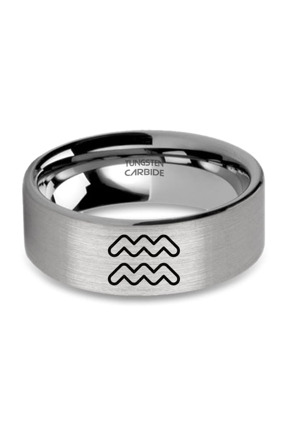 Aquarius Zodiac Water Bearer Symbol Silver Tungsten Ring, Brushed, 8mm, Size 10
