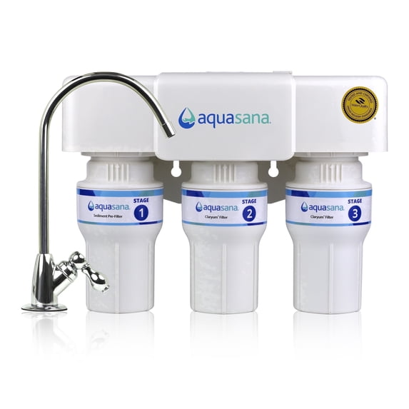 Aquasana Under Sink Water Filter | 3-Stage Filtration | WQA Certified to Reduce up to 99.99% PFAS, Lead, Chlorine, & More | Under Counter Drinking Water Filter | Chrome Faucet | AQ-6300-CHR