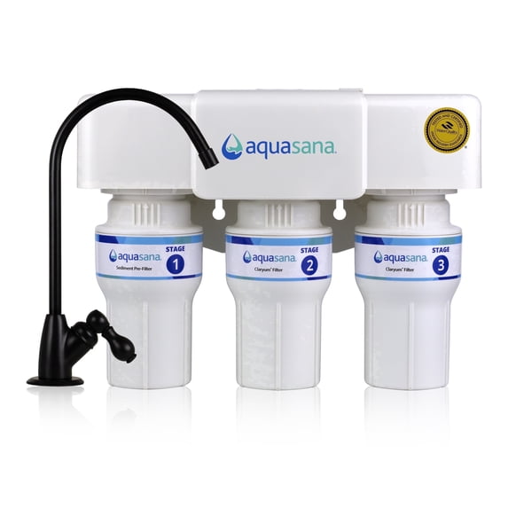 Aquasana Under Sink Water Filter | 3-Stage Filtration | WQA Certified to Reduce up to 99.99% PFAS, Lead, Chlorine, & More | Under Counter Drinking Water Filter | Matte Black Faucet | AQ-6300-MB