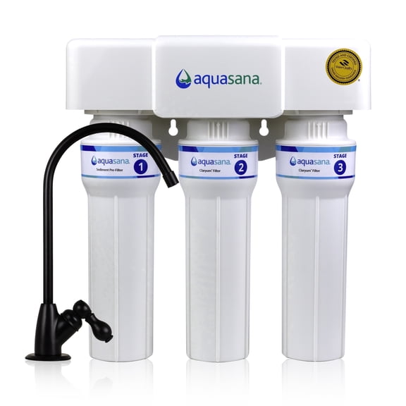 Aquasana Under Sink Water Filter | Certified 3-Stage Max Flow Filtration | Reduces up to 99.99% of PFAS, Lead, Chlorine, & More | Under Counter Drinking Water Filter | Matte Black Faucet | AQ-6300M-M