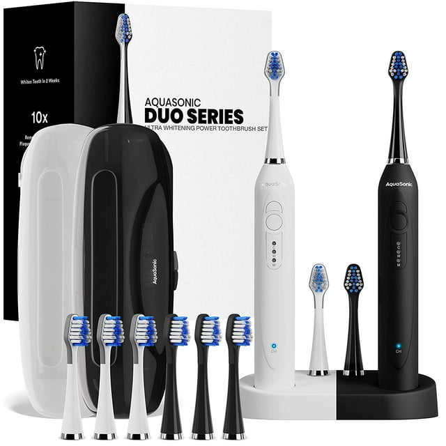 Aquasonic Electric ToothBrush Duo Series with 10 DuPont Brush Heads & 2 Travel Cases