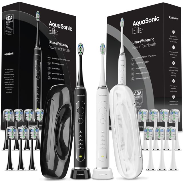 Aquasonic Elite Duo Sonic Electric Toothbrush ADA Accepted, 50K VPM, 5 Modes, 8 Brush Heads
